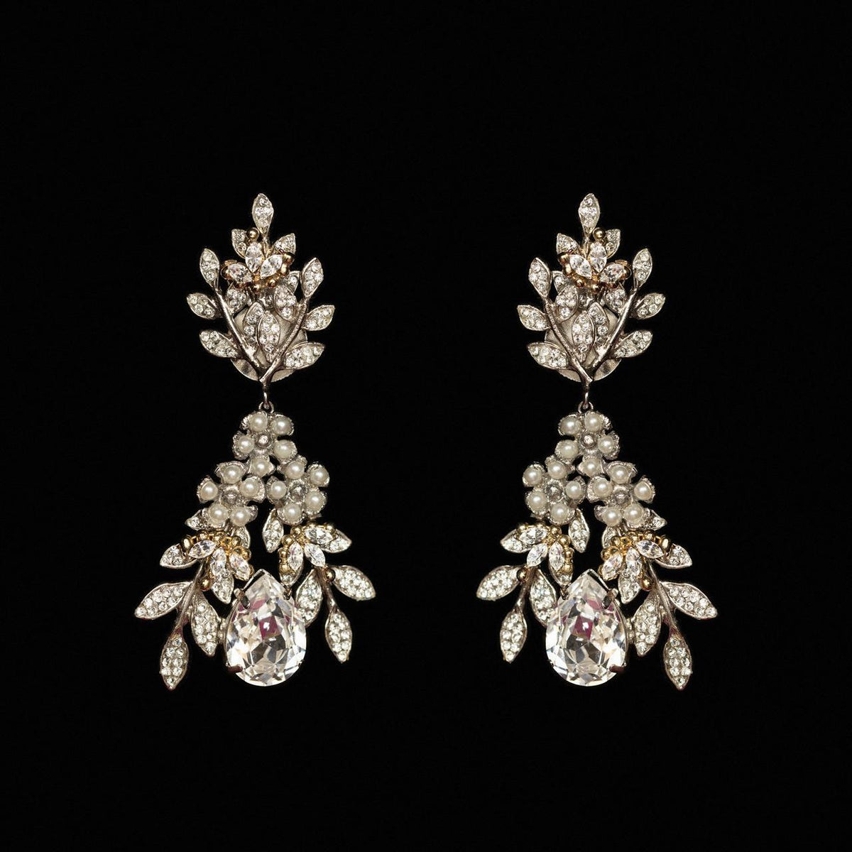 Silver-tone bridal earrings with crystal laurel leaves, pearls and a pear-cut crystal drop