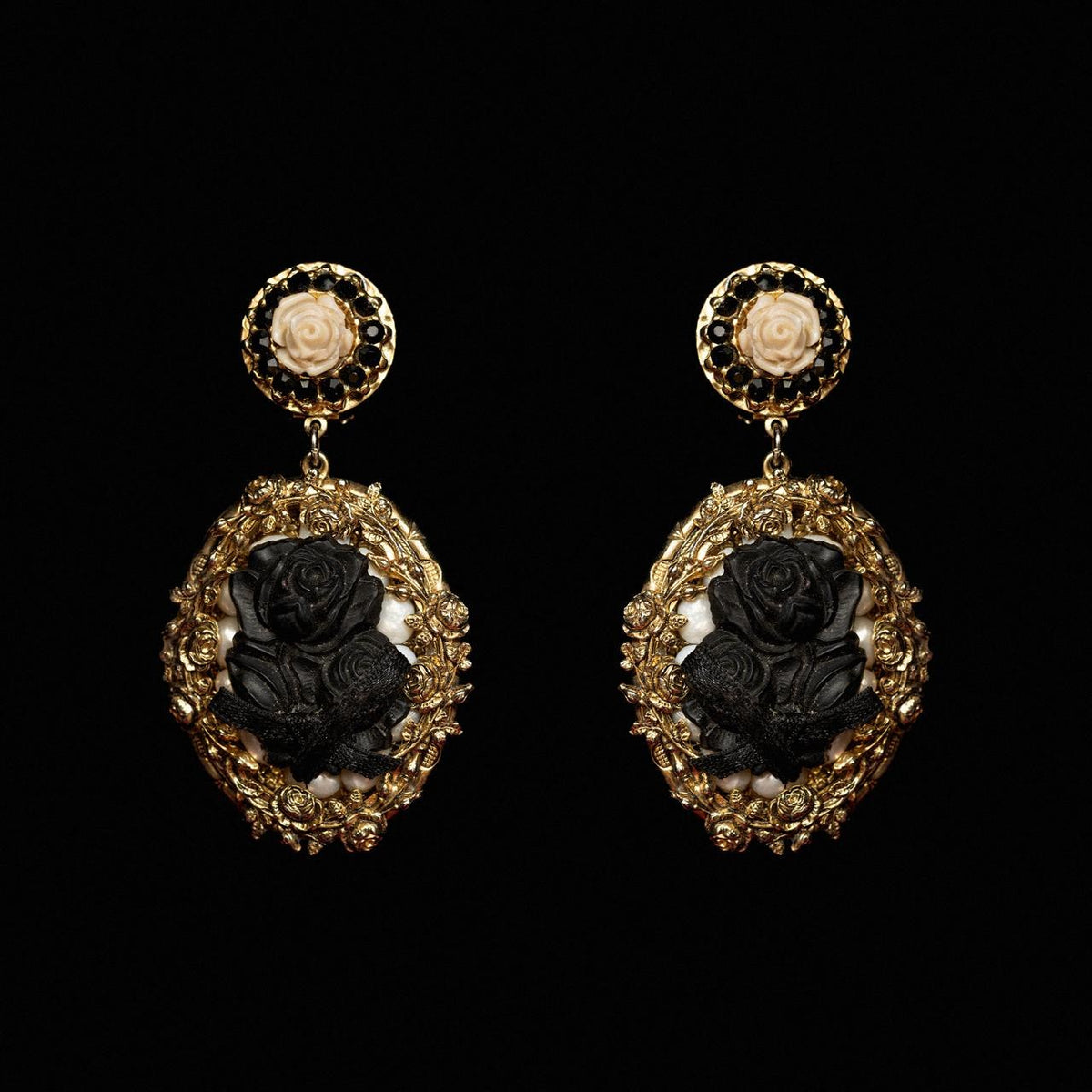 Baroque gold-tone earrings with carved black roses and pearls in a filigree oval frame