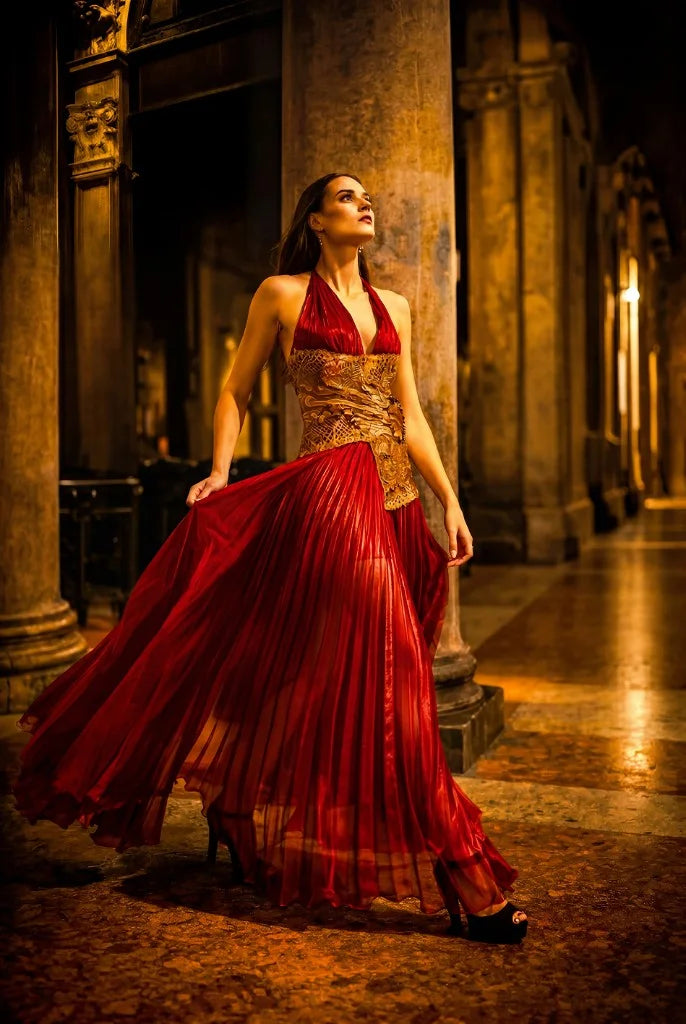 A red pleated chiffon gown with a gold embroidered bodice, photographed in a lit stone arcade at night.