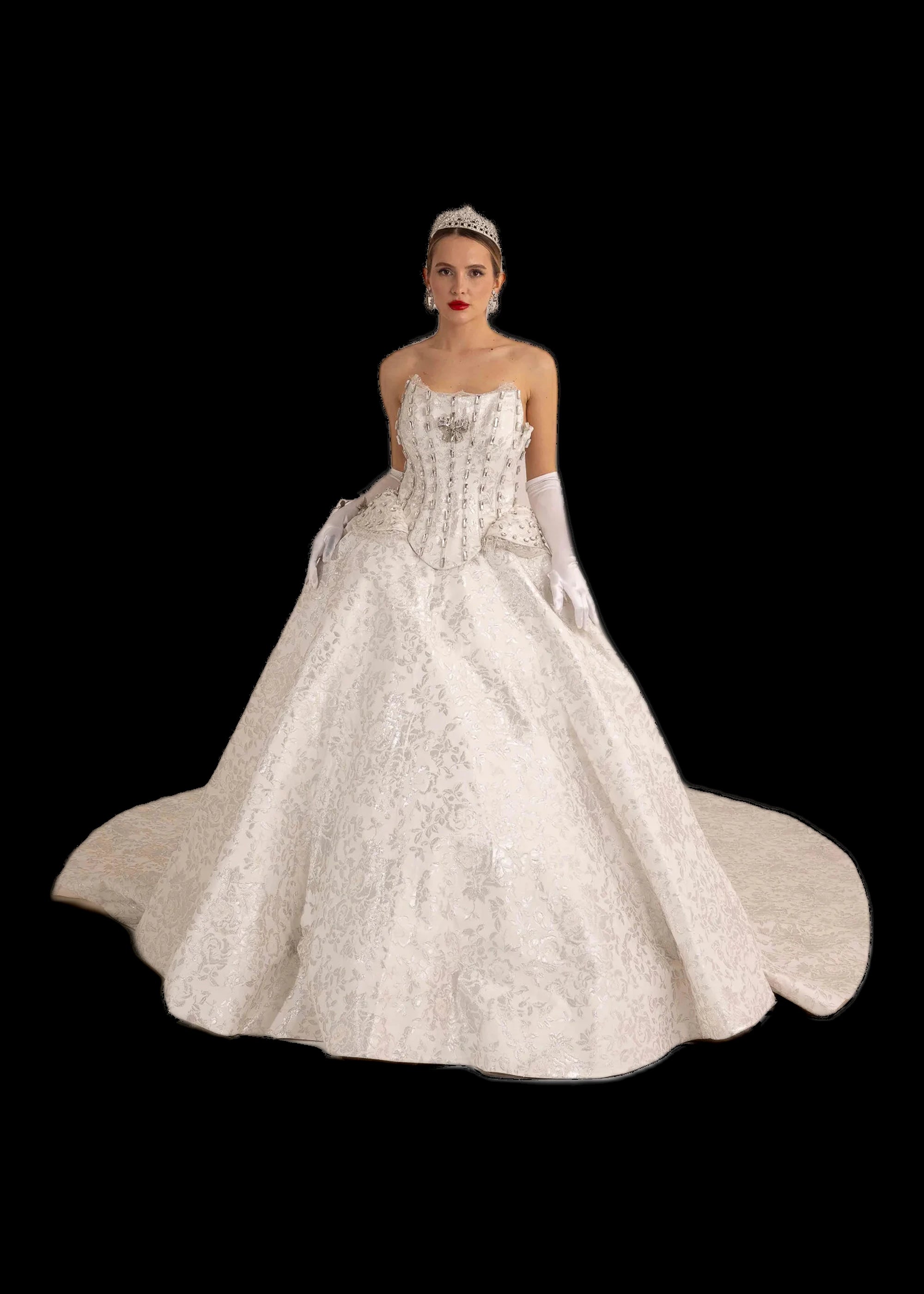 Ivory and silver brocade bridal ball gown with crystal-boned corset bodice, full front view