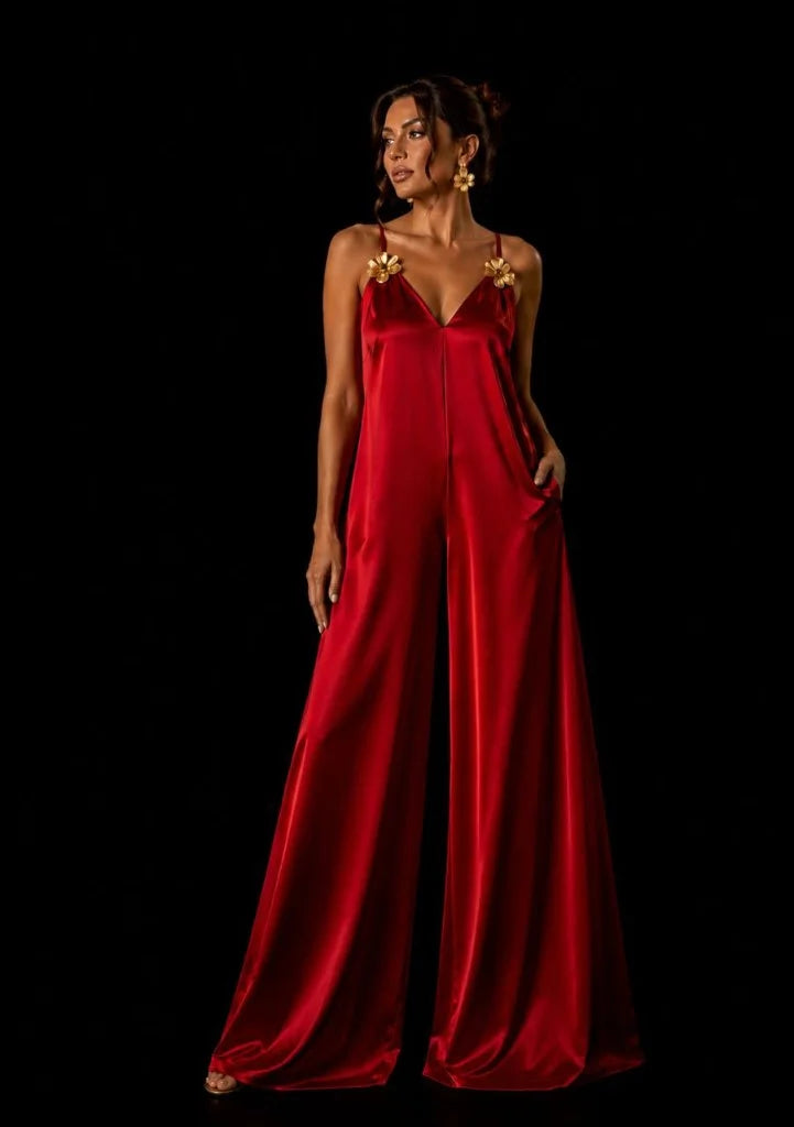 Crimson Satin Wide-Leg Jumpsuit by LOVE by Hanan Bakri