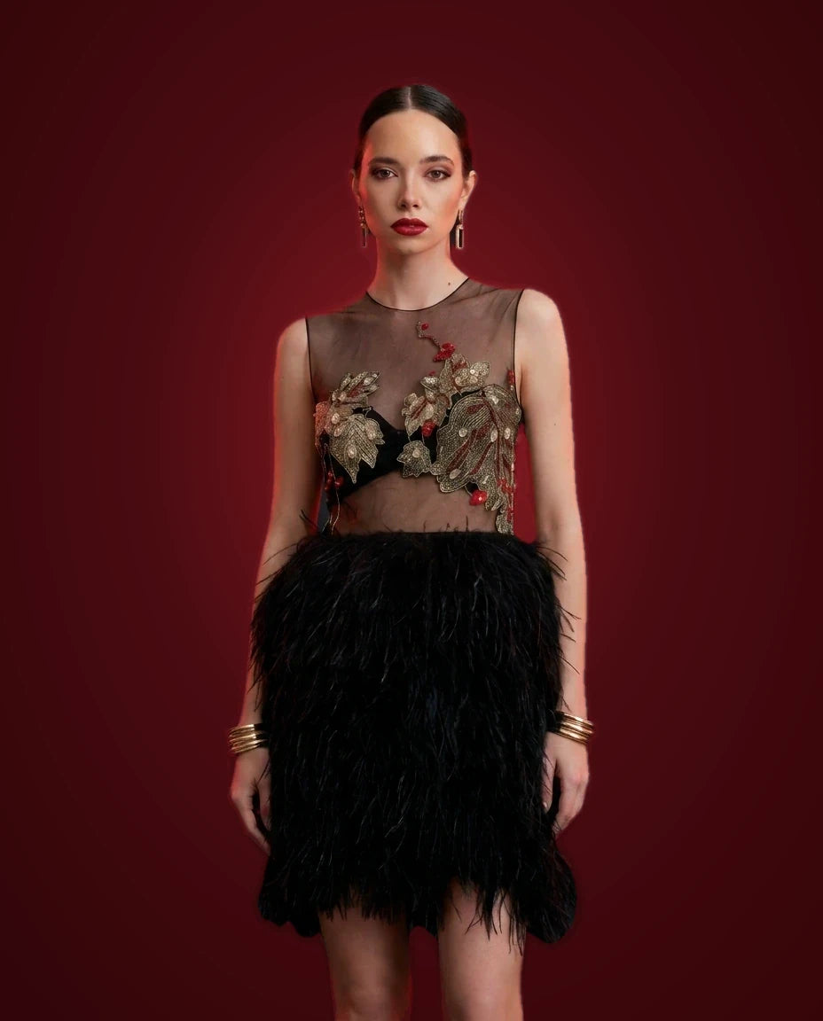 Midnight Feather Mini Dress by LOVE by Hanan Bakri