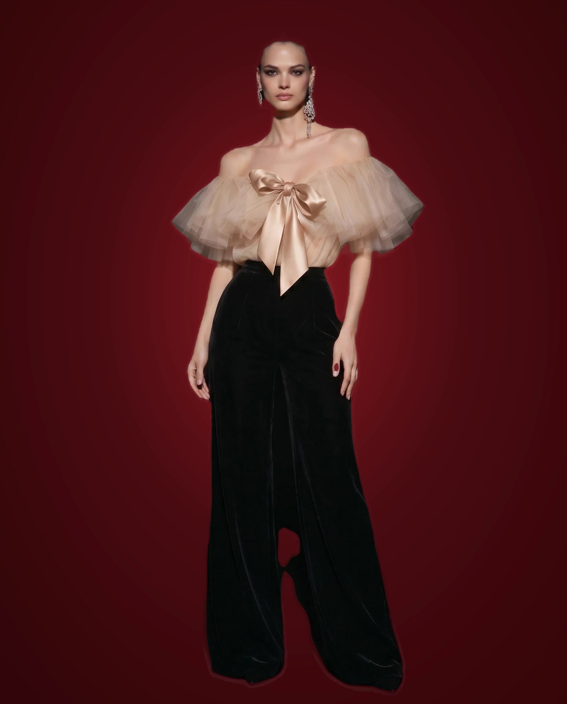 Champagne Tulle Trouser Set by LOVE by Hanan Bakri