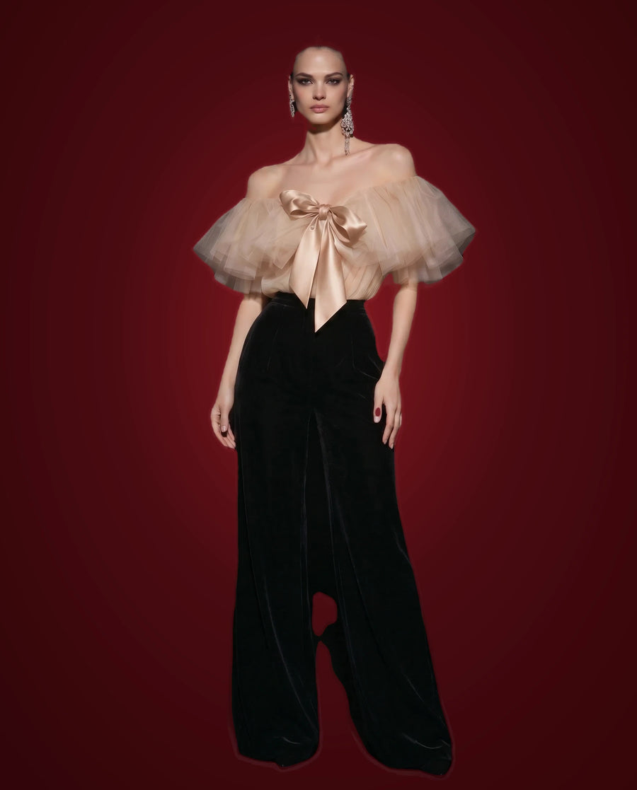 Champagne Tulle Trouser Set by LOVE by Hanan Bakri