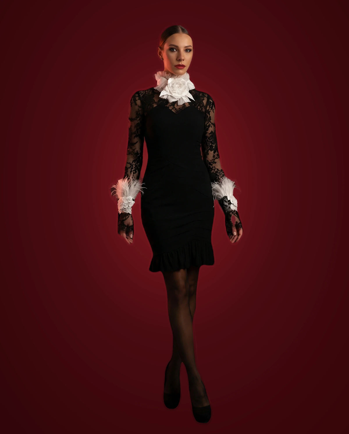 Black Lace Feather Dress by LOVE by Hanan Bakri