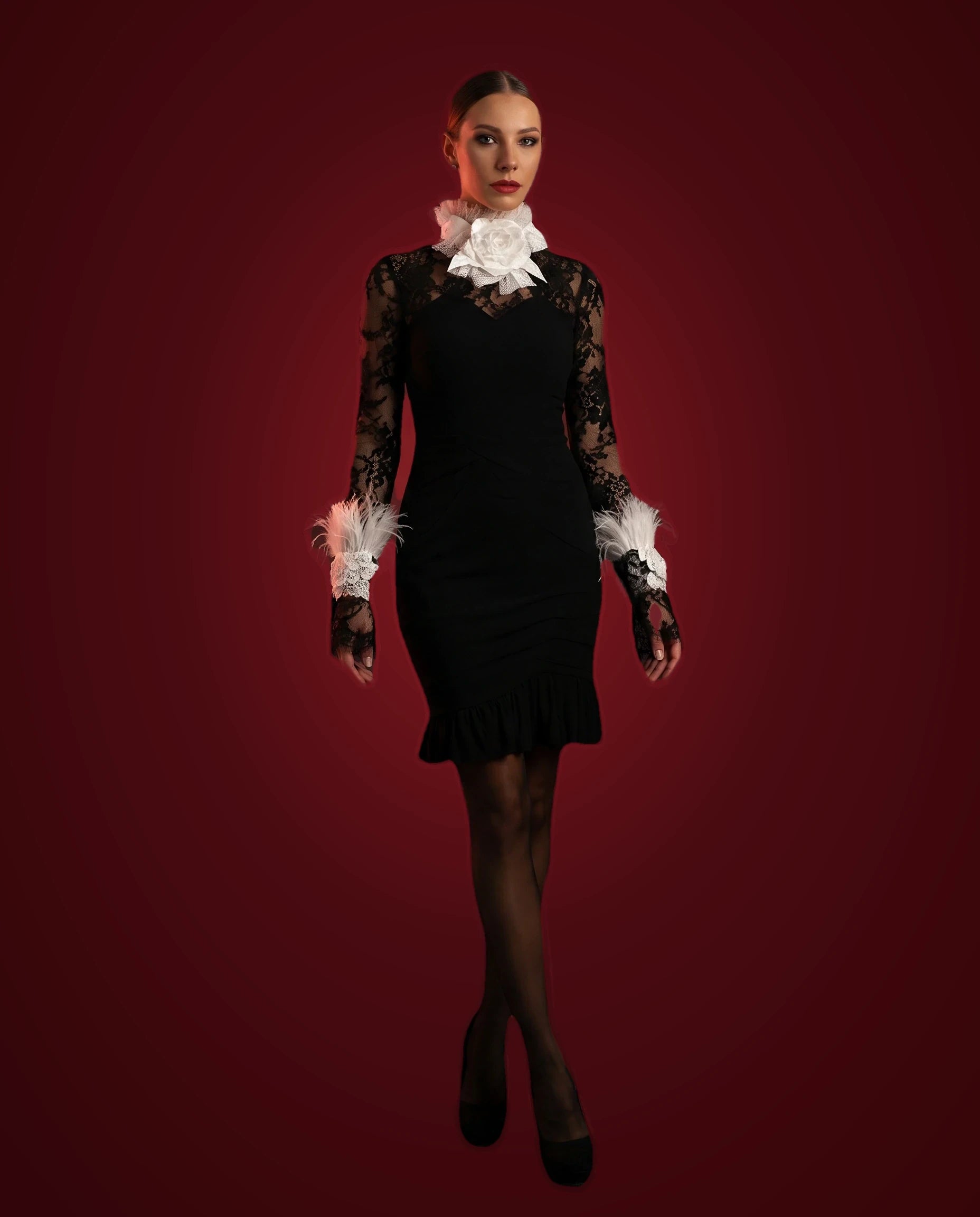 Black Lace Feather Dress by LOVE by Hanan Bakri