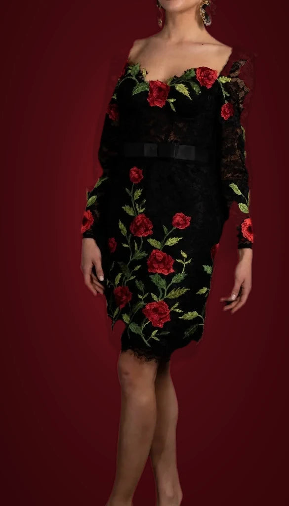 Black Lace Rose Evening Dress by LOVE by Hanan Bakri