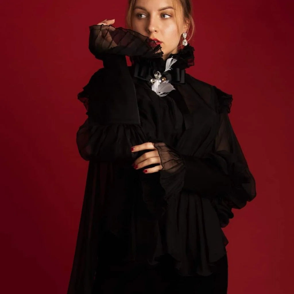 Crystal Feather Ruffle Blouse by LOVE by Hanan Bakri