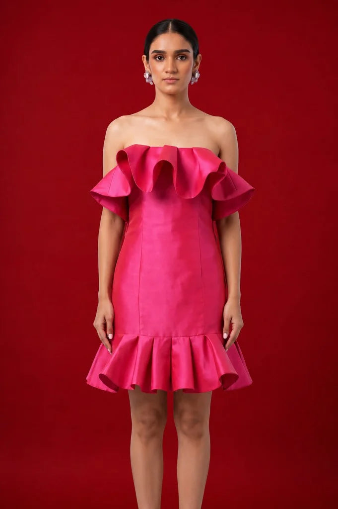 Fuchsia Ruffle Mini Dress by LOVE by Hanan Bakri