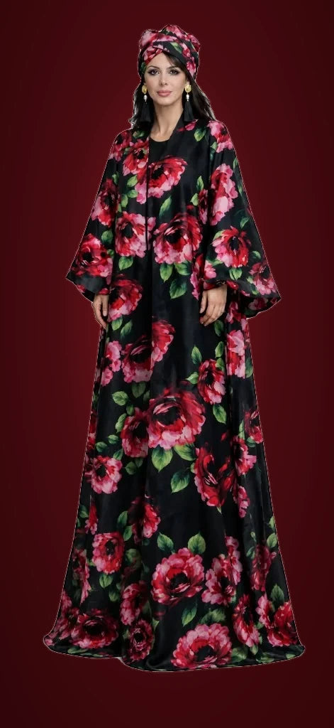 Rose Print Satin Abaya by LOVE by Hanan Bakri