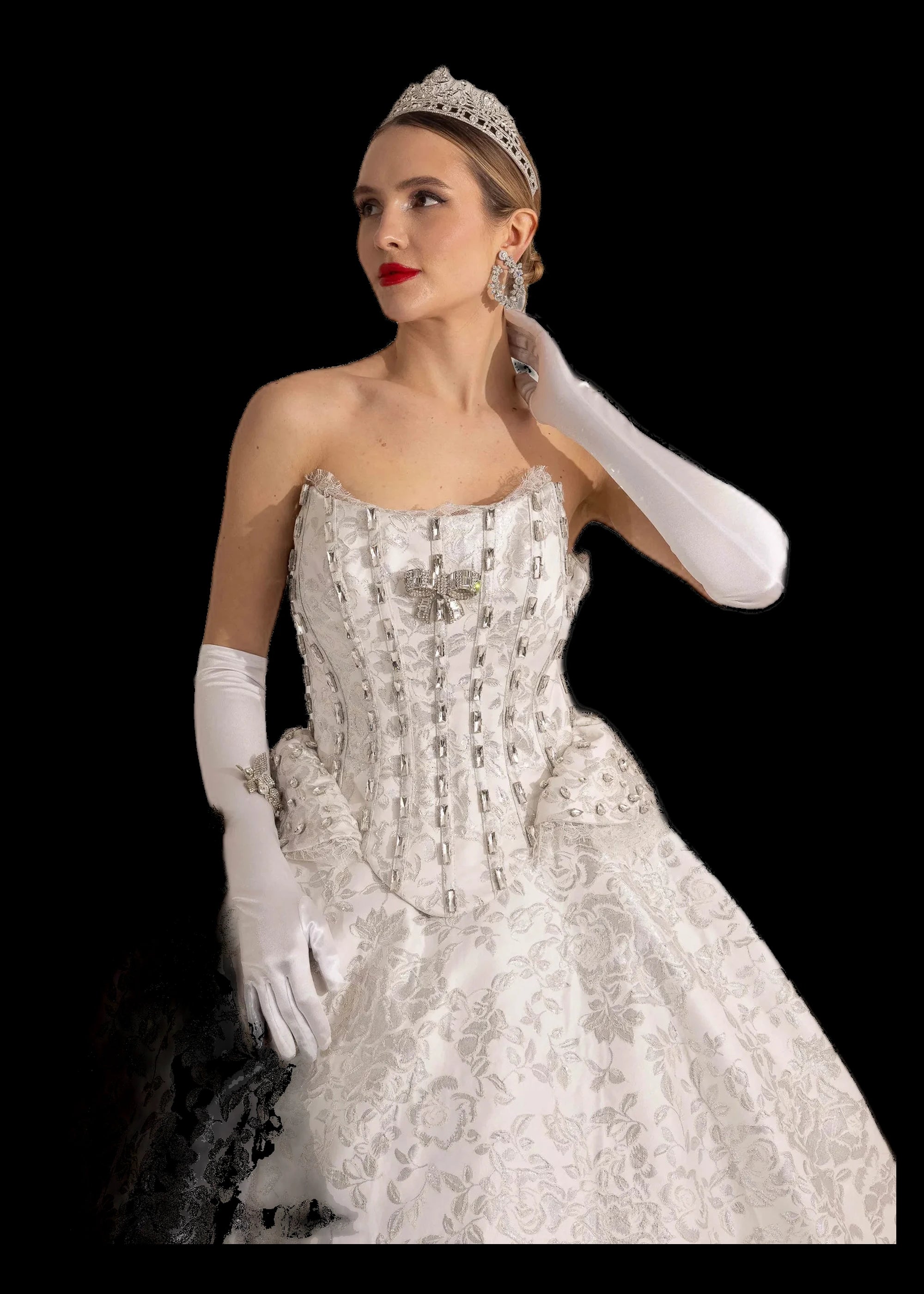 Ivory and silver brocade bridal ball gown with crystal-boned corset bodice, three-quarter view with opera gloves