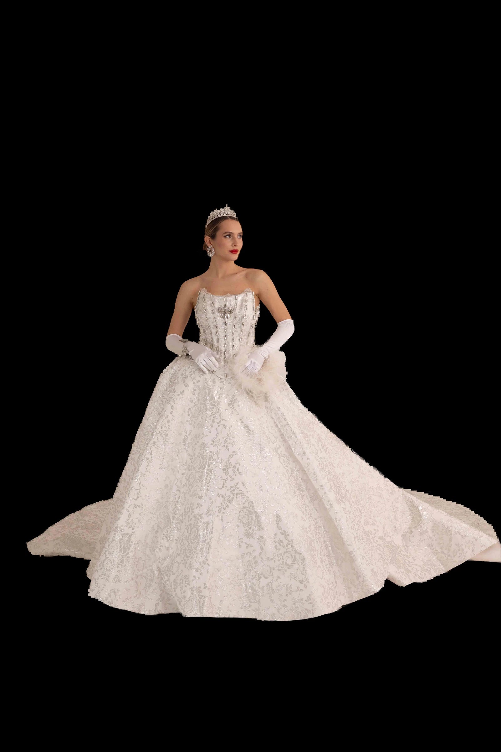 Ivory and silver brocade bridal ball gown with crystal-boned corset bodice, front view