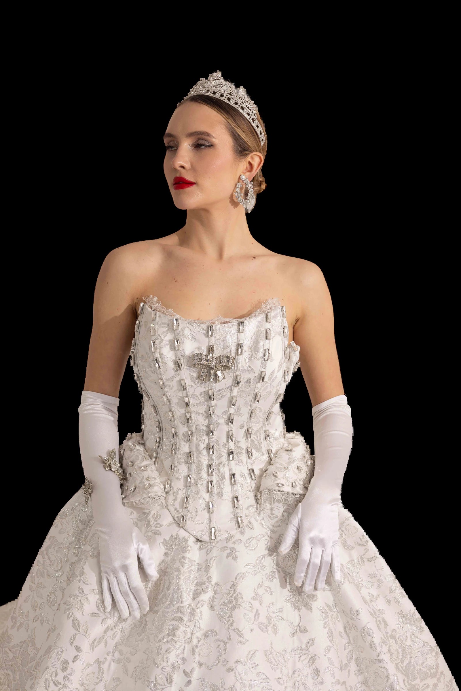Ivory and silver brocade bridal ball gown with crystal-boned corset bodice, bodice and glove detail