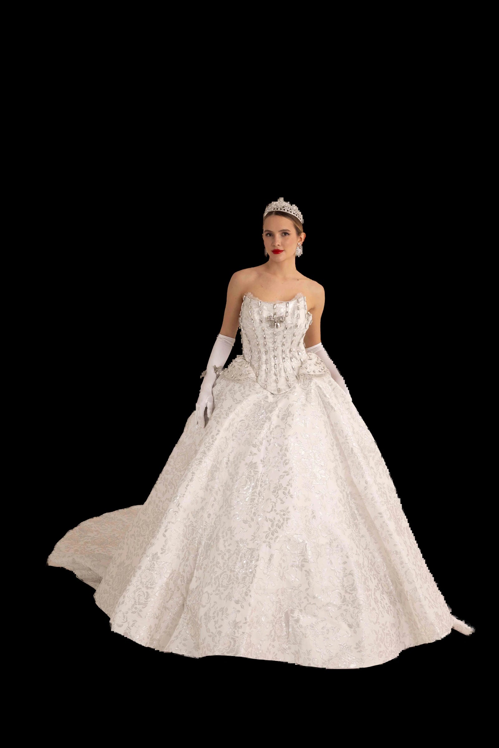 Ivory and silver brocade bridal ball gown with crystal-boned corset bodice, full front view, train spread