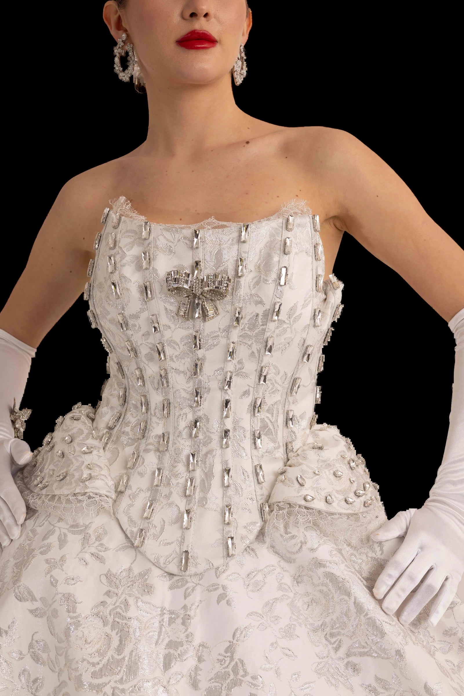 Ivory and silver brocade bridal ball gown with crystal-boned corset bodice, corset bodice detail