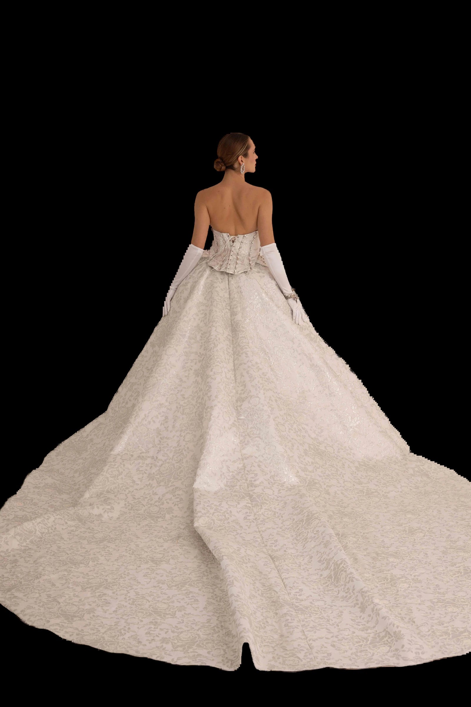 Ivory and silver brocade bridal ball gown with crystal-boned corset bodice, back view with full train