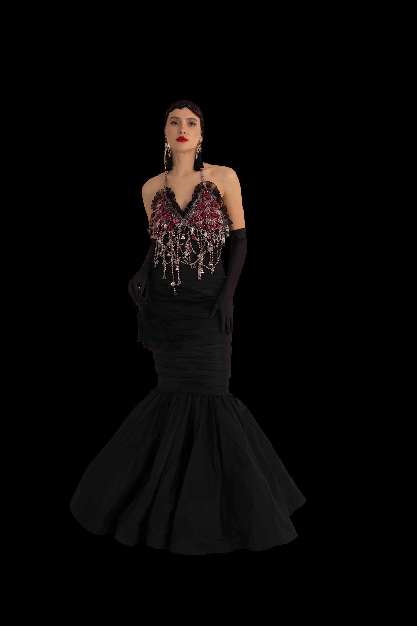 Black silk mermaid gown with crystal and fuchsia jewelled halter bodice, full front view