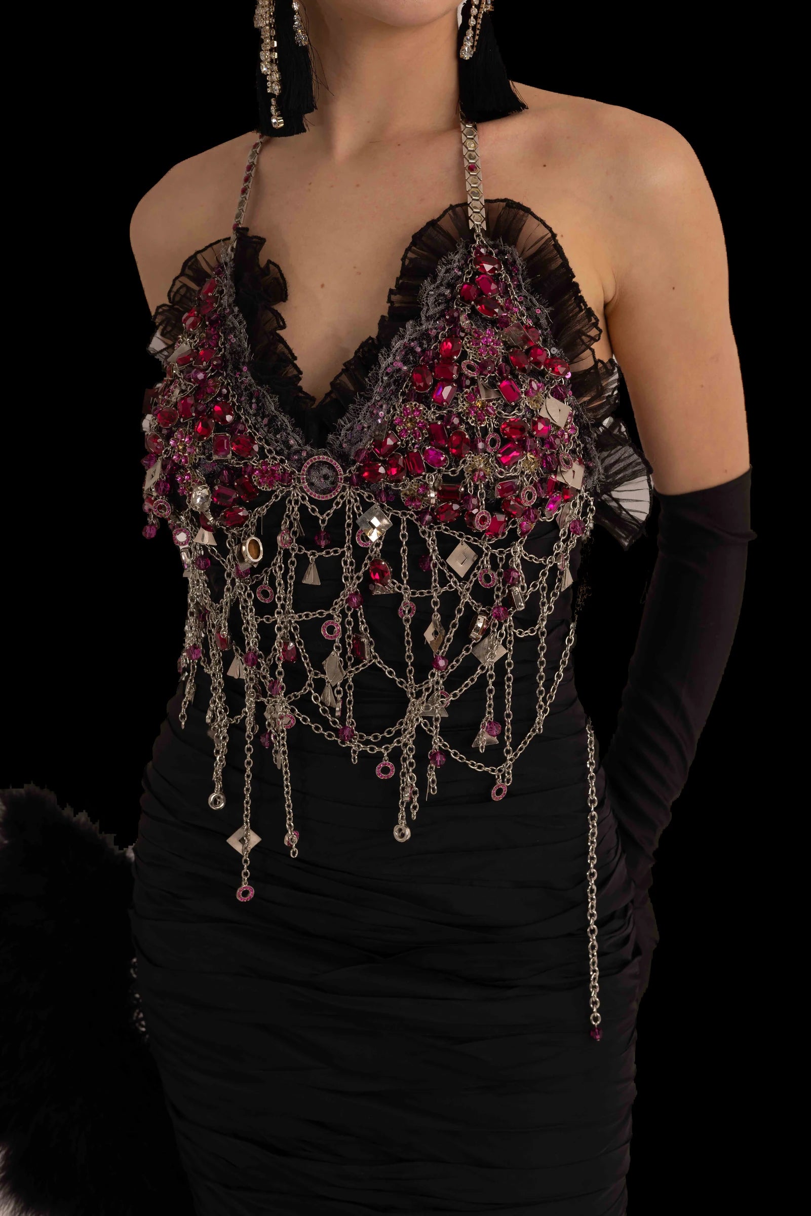 Black silk mermaid gown with crystal and fuchsia jewelled halter bodice, jewelled bodice detail