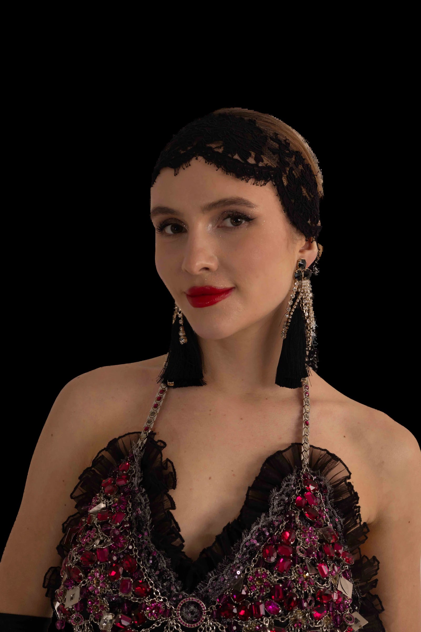 Black silk mermaid gown with crystal and fuchsia jewelled halter bodice, portrait with bodice