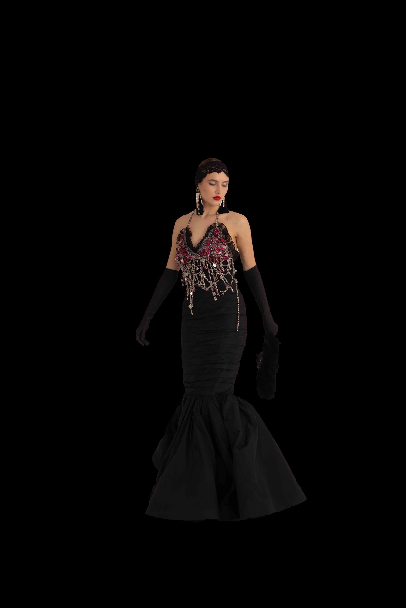 Black silk mermaid gown with crystal and fuchsia jewelled halter bodice, full front view