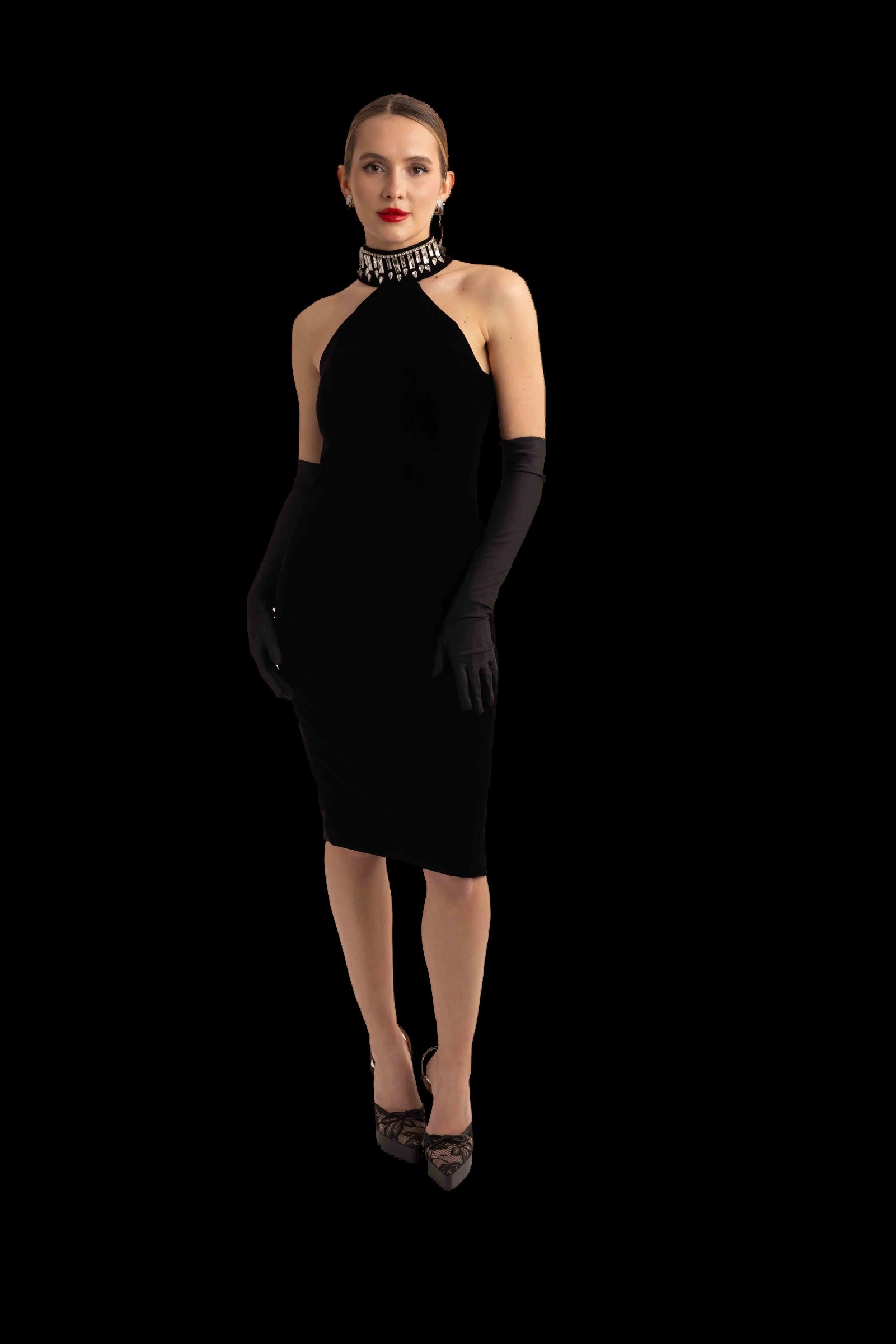 Black velvet halter midi dress, full front view