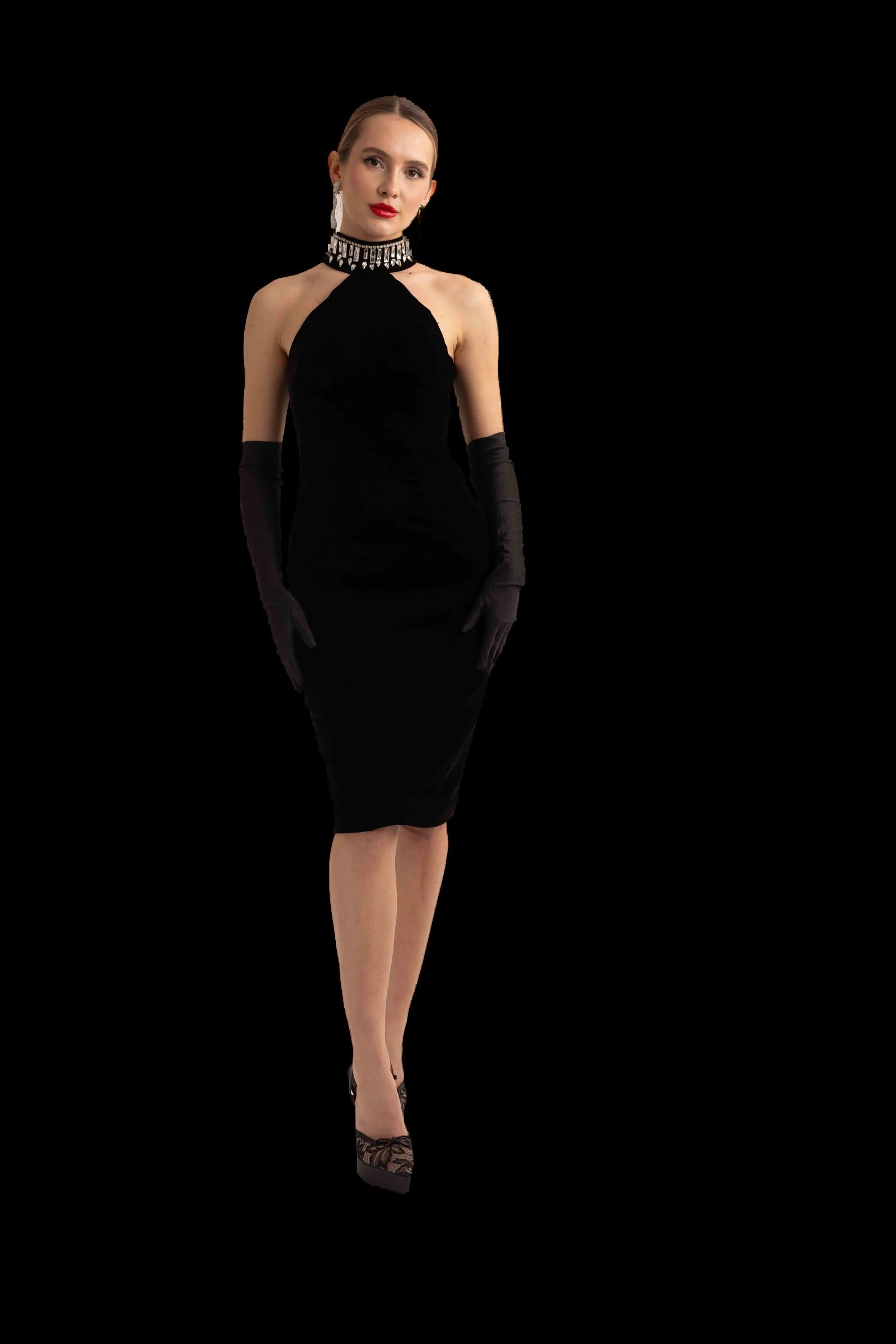 Black velvet halter midi dress, full front view