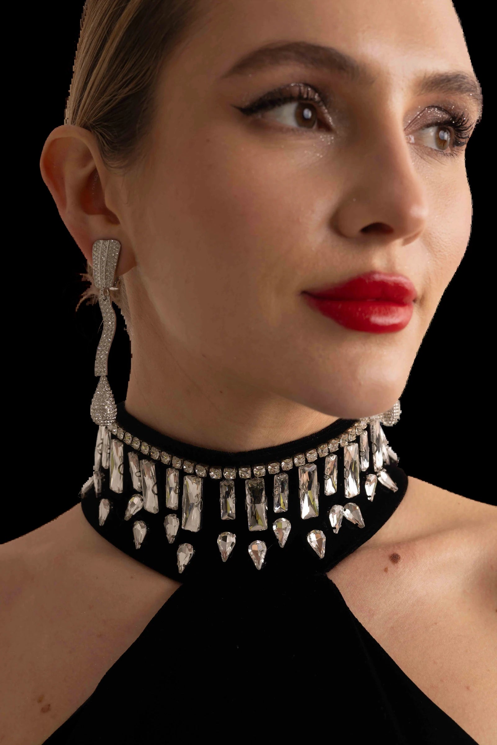 Black velvet halter midi dress, neckline and crystal collar detail