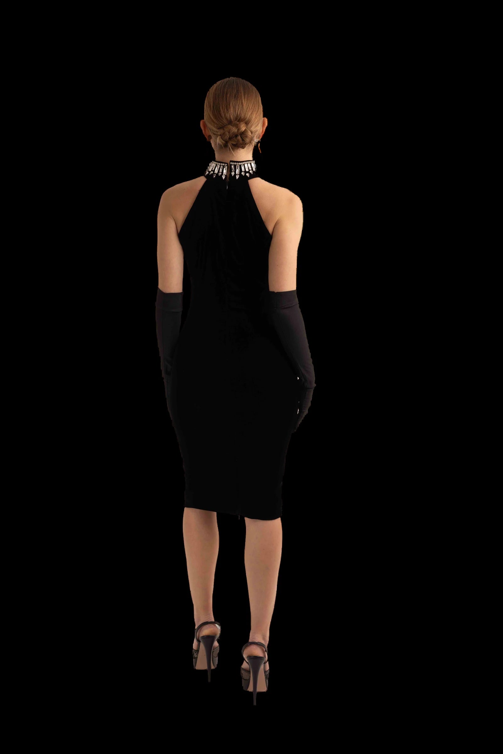 Black velvet halter midi dress, back view