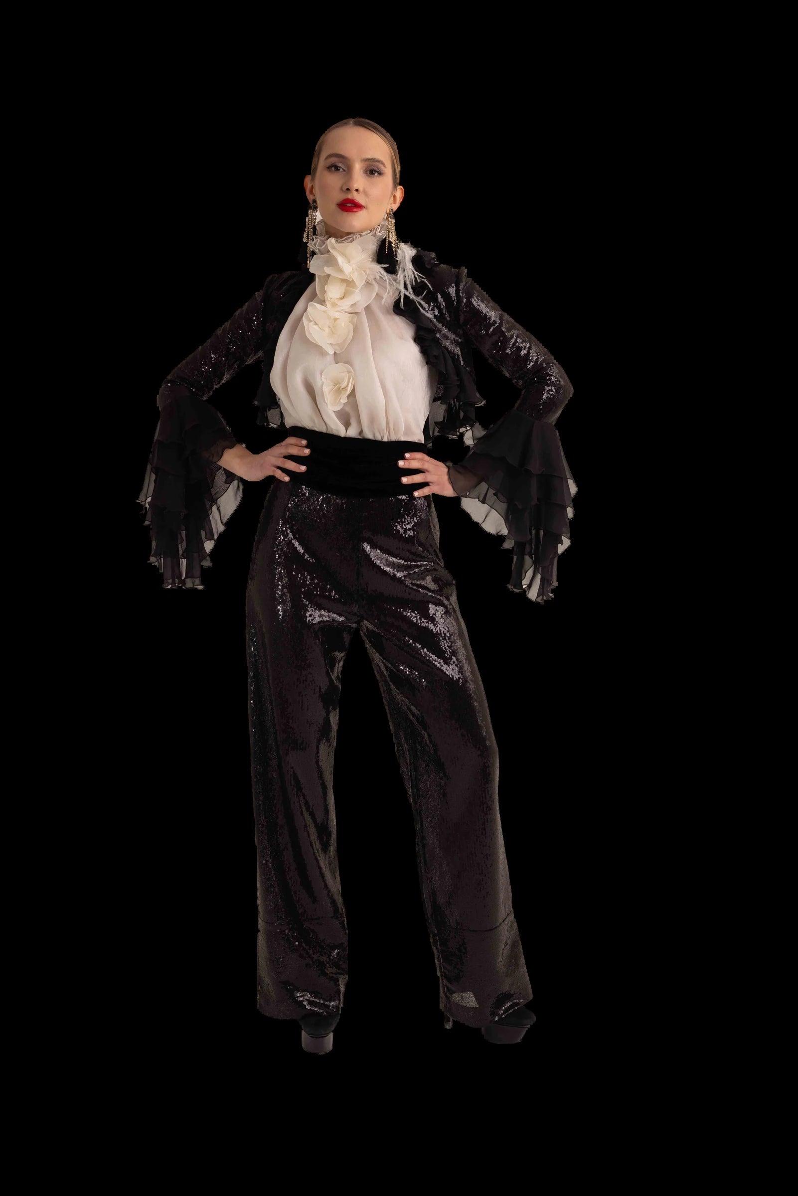 Black sequin trousers with ivory ruffled blouse and black chiffon bolero, full front view