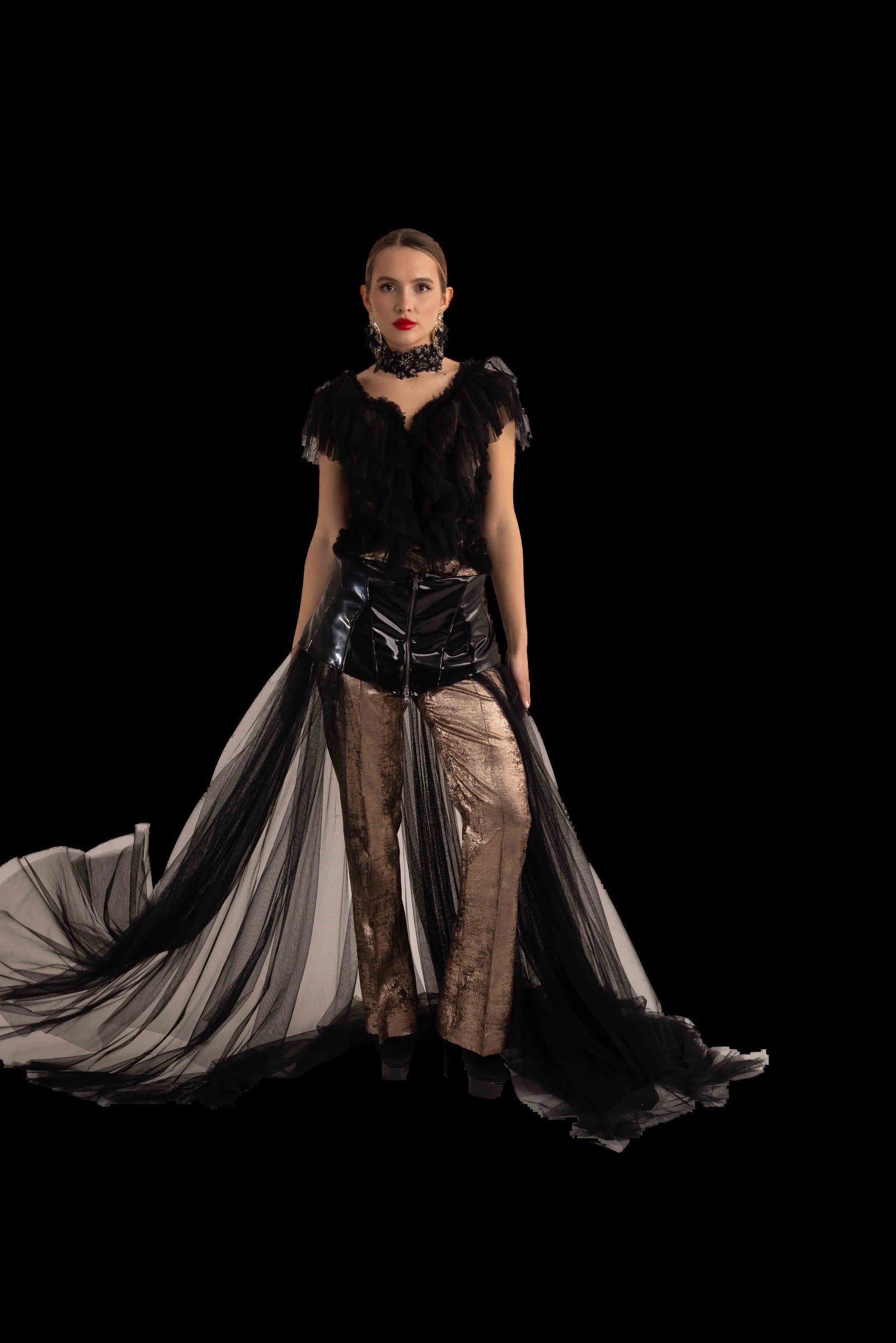 Black tulle corset gown with patent bodice, tulle train and bronze lame trousers, front view, train spread