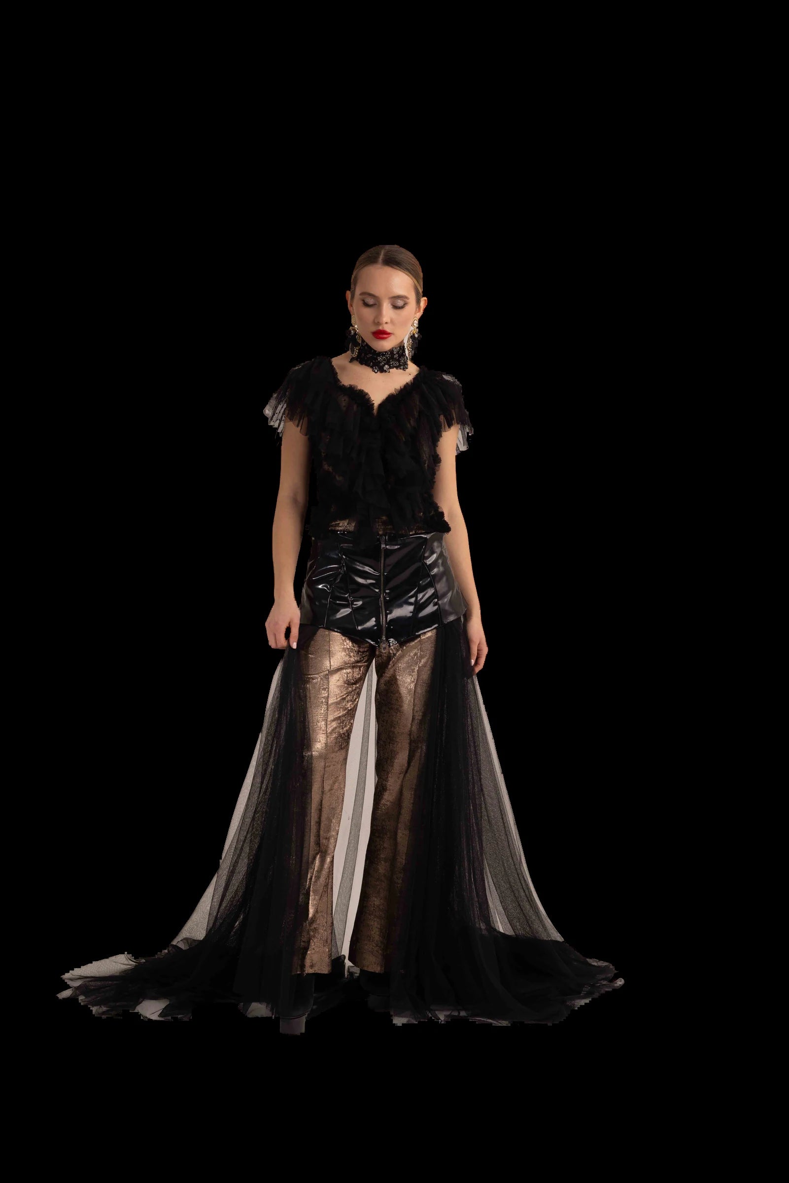Black tulle corset gown with patent bodice, tulle train and bronze lame trousers, full front view