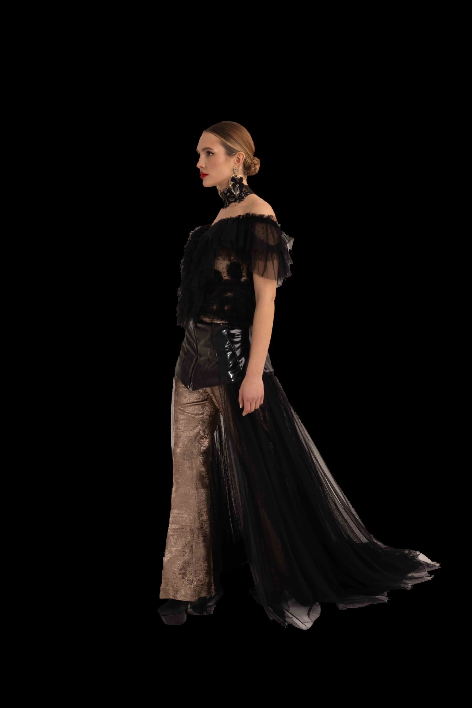 Black tulle corset gown with patent bodice, tulle train and bronze lame trousers, side view