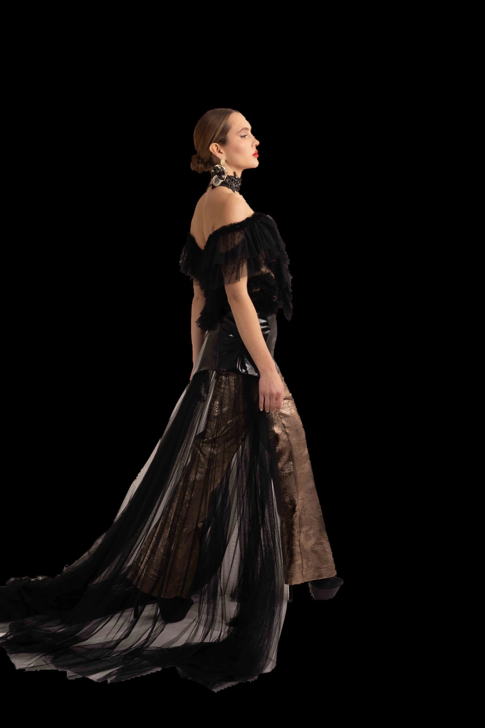 Black tulle corset gown with patent bodice, tulle train and bronze lame trousers, three-quarter back view