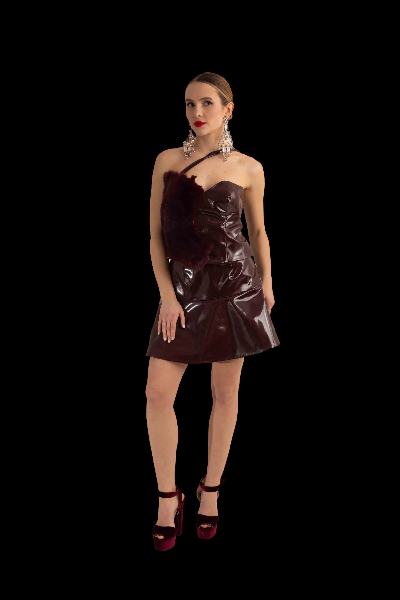 Burgundy patent one-shoulder mini dress with fur-trimmed strap, front view