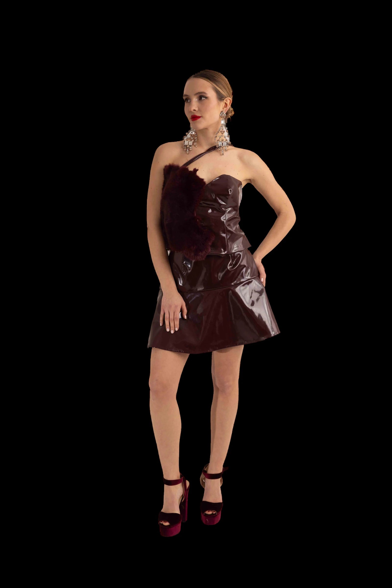 Burgundy patent one-shoulder mini dress with fur-trimmed strap, three-quarter view