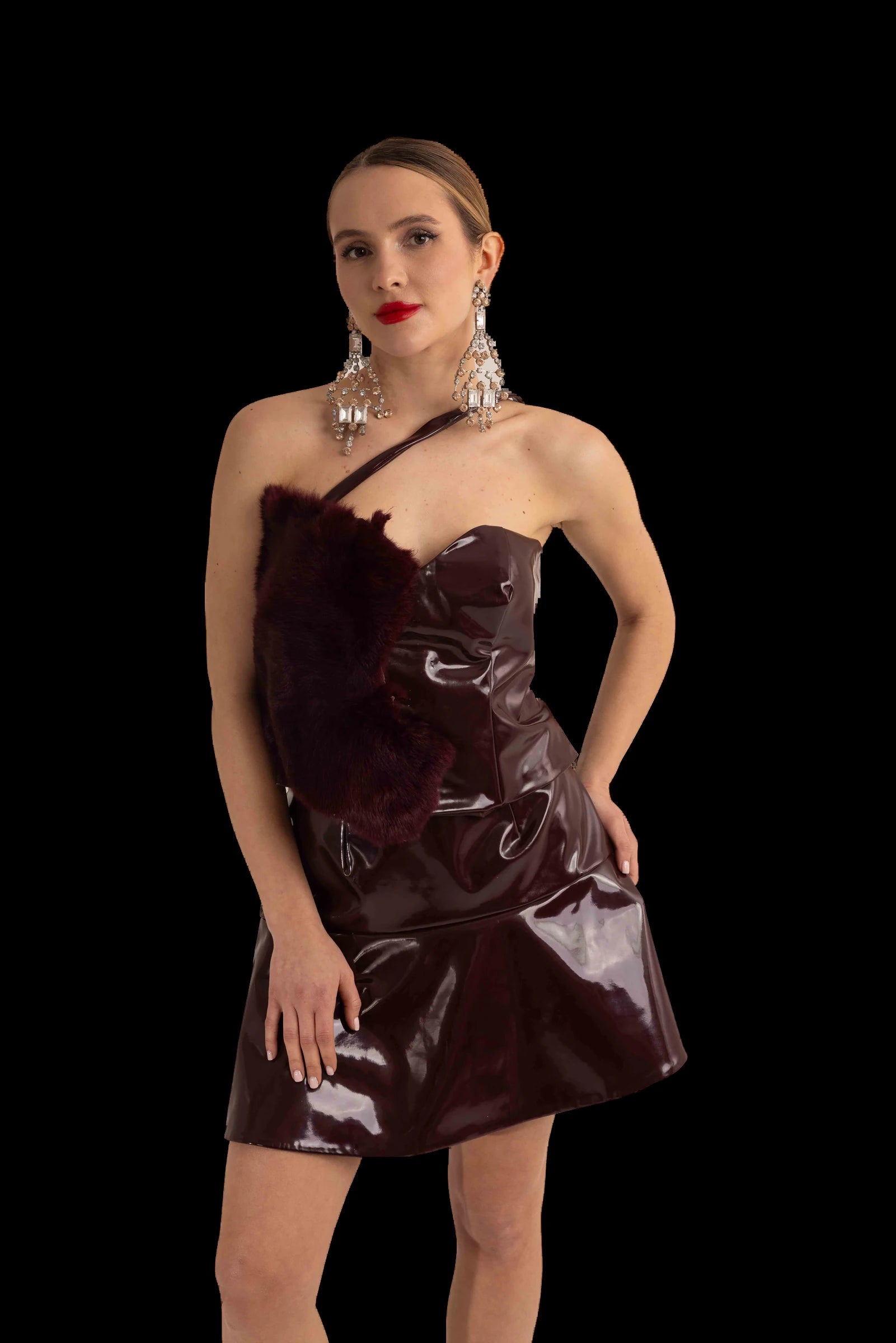 Burgundy patent one-shoulder mini dress with fur-trimmed strap, front view