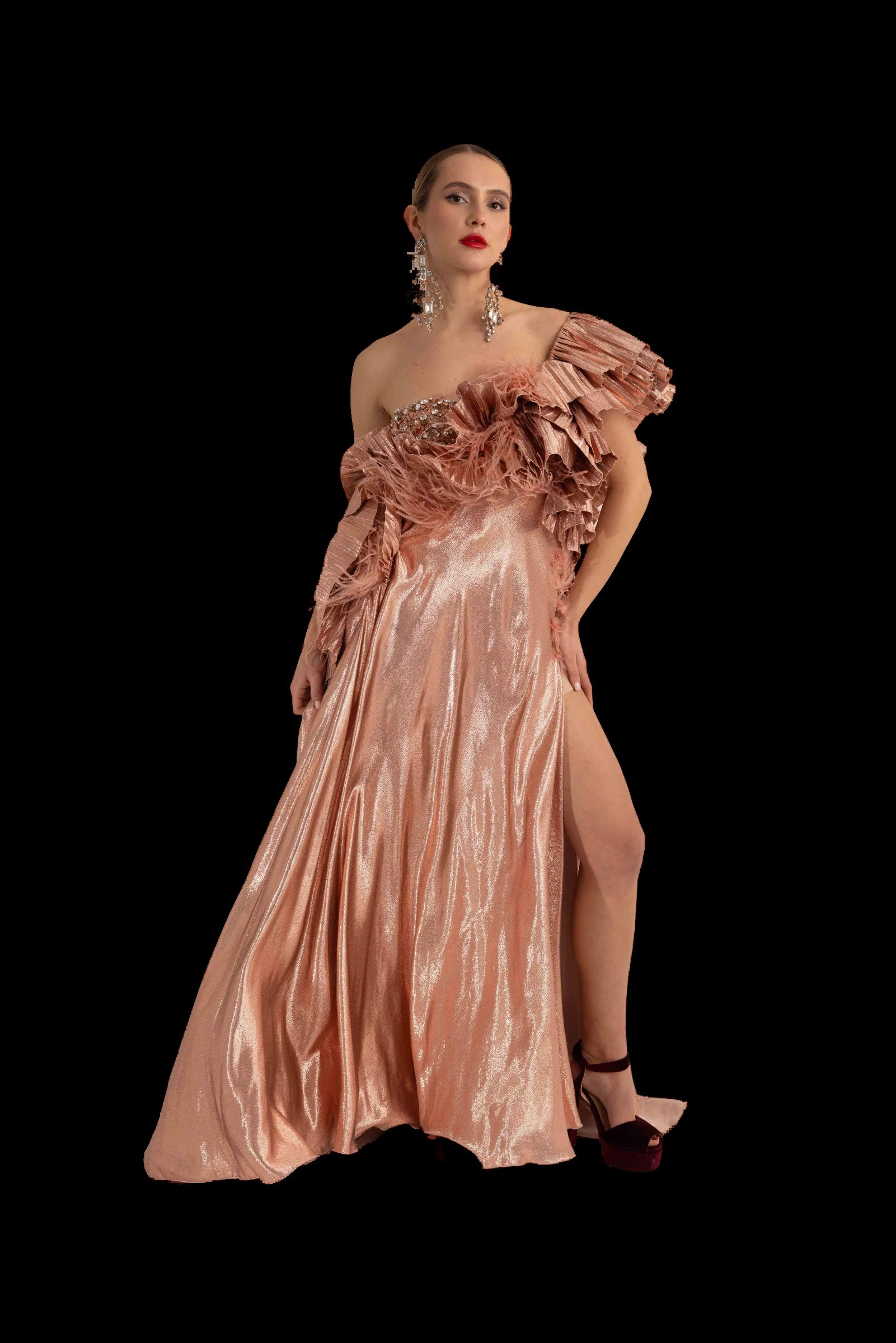 Rose gold lame one-shoulder gown with pleated ruffle neckline, front view, skirt in motion