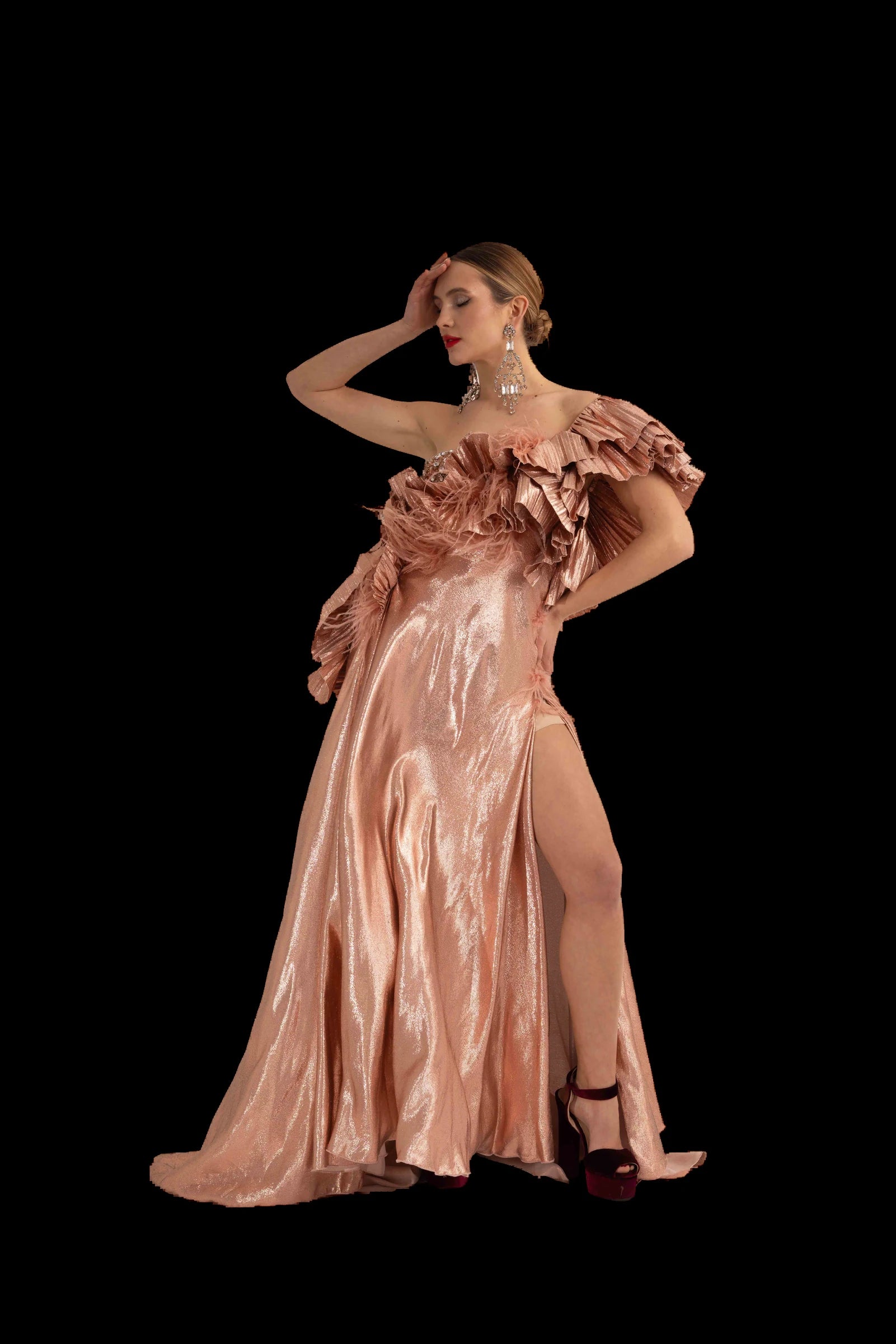 Rose gold lame one-shoulder gown with pleated ruffle neckline, full front view