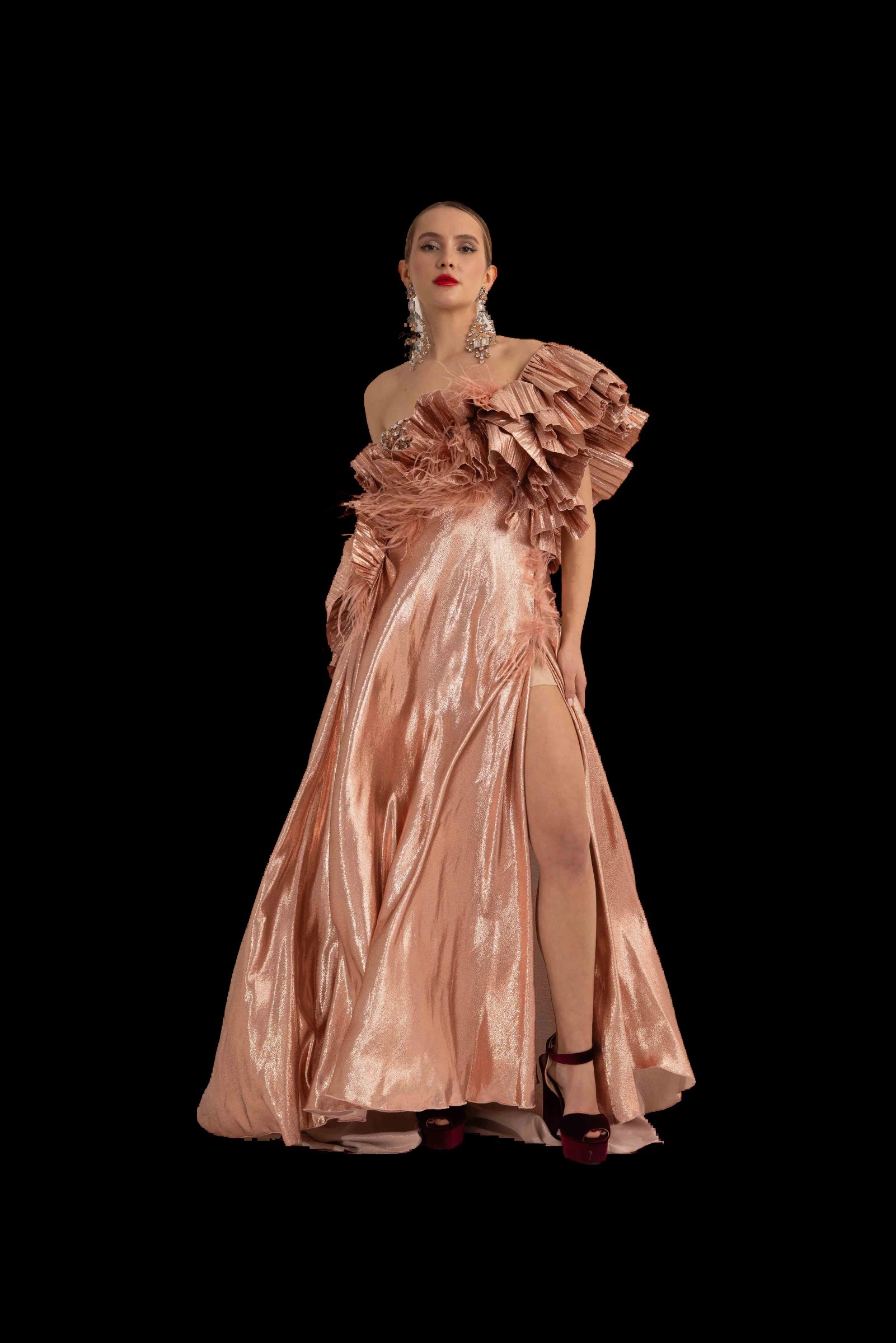 Rose gold lame one-shoulder gown with pleated ruffle neckline, full front view