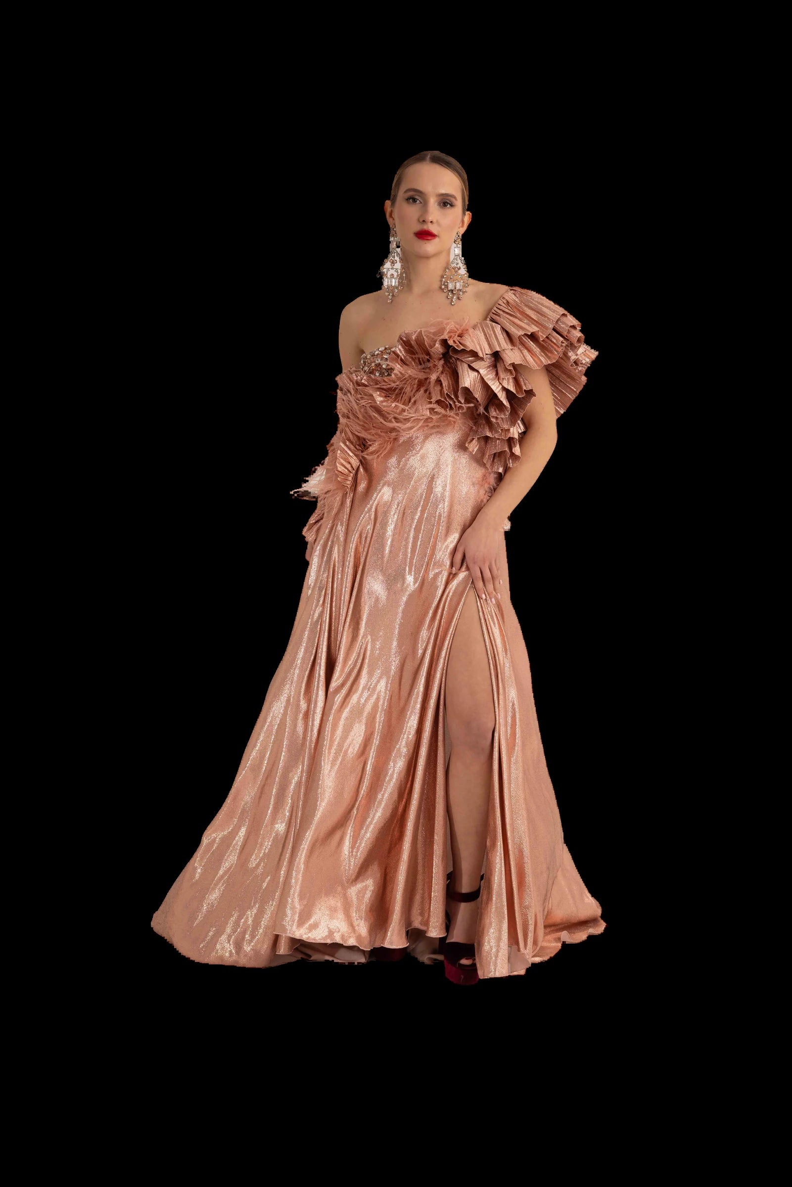 Rose gold lame one-shoulder gown with pleated ruffle neckline, three-quarter view