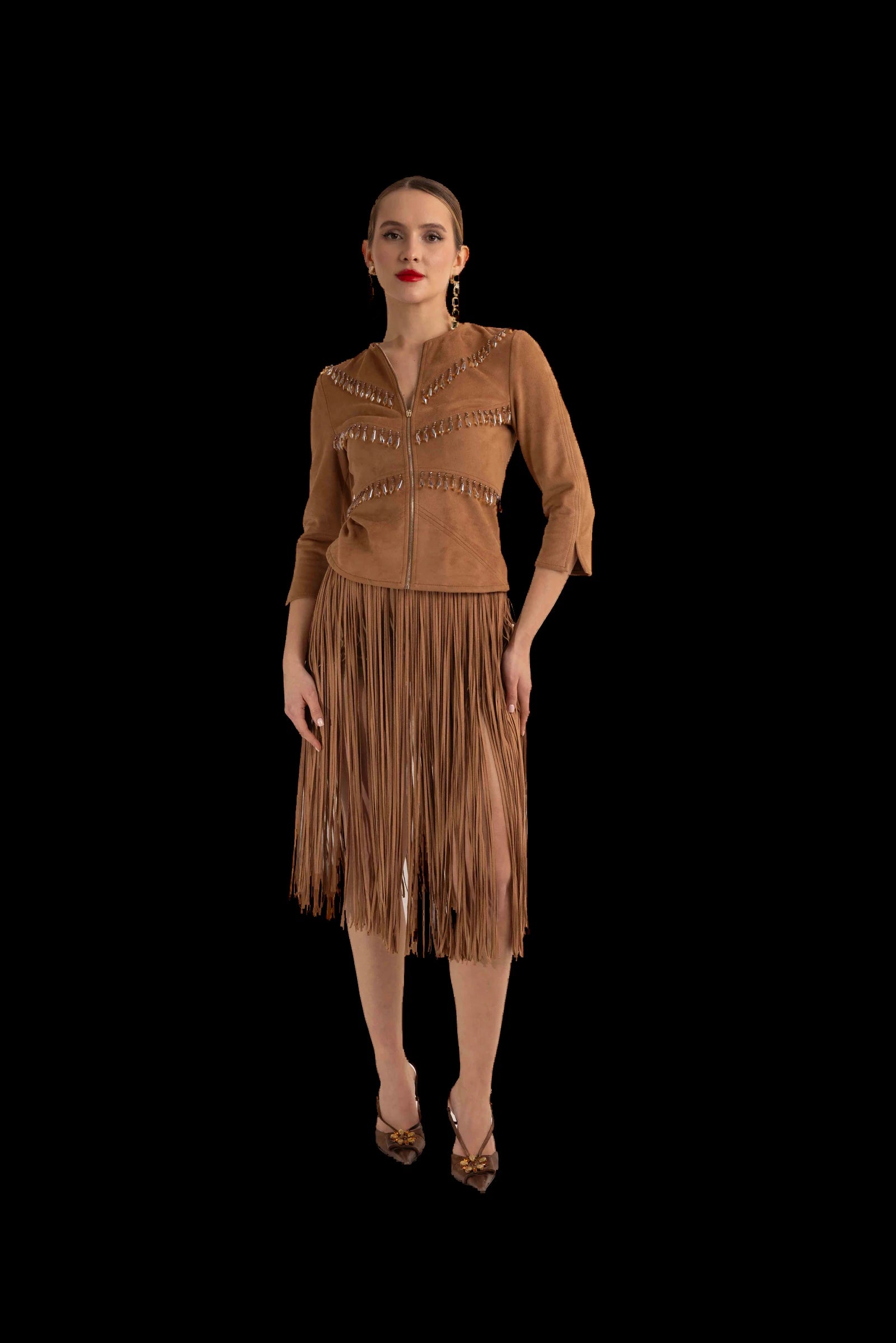 Tan suede fringed jacket and fringed skirt, full front view
