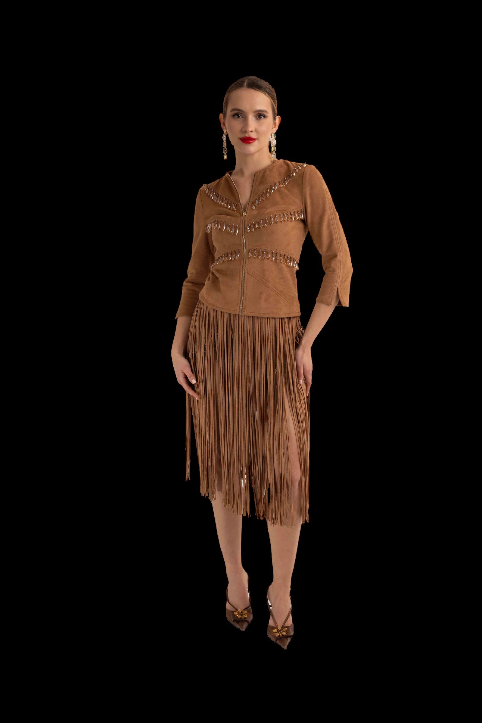 Tan suede fringed jacket and fringed skirt, full front view
