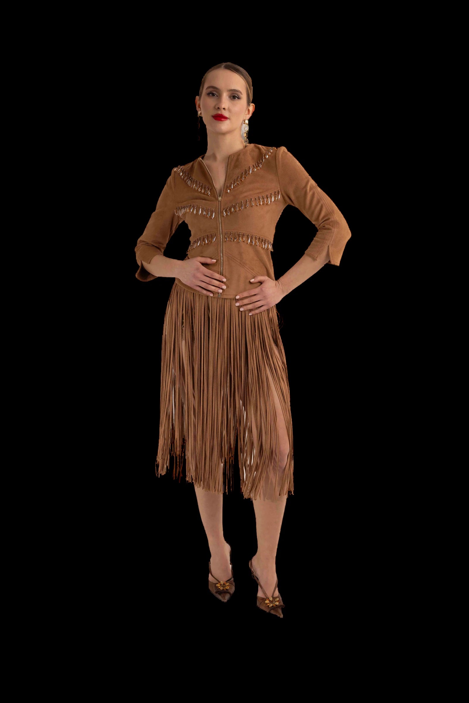 Tan suede fringed jacket and fringed skirt, three-quarter view