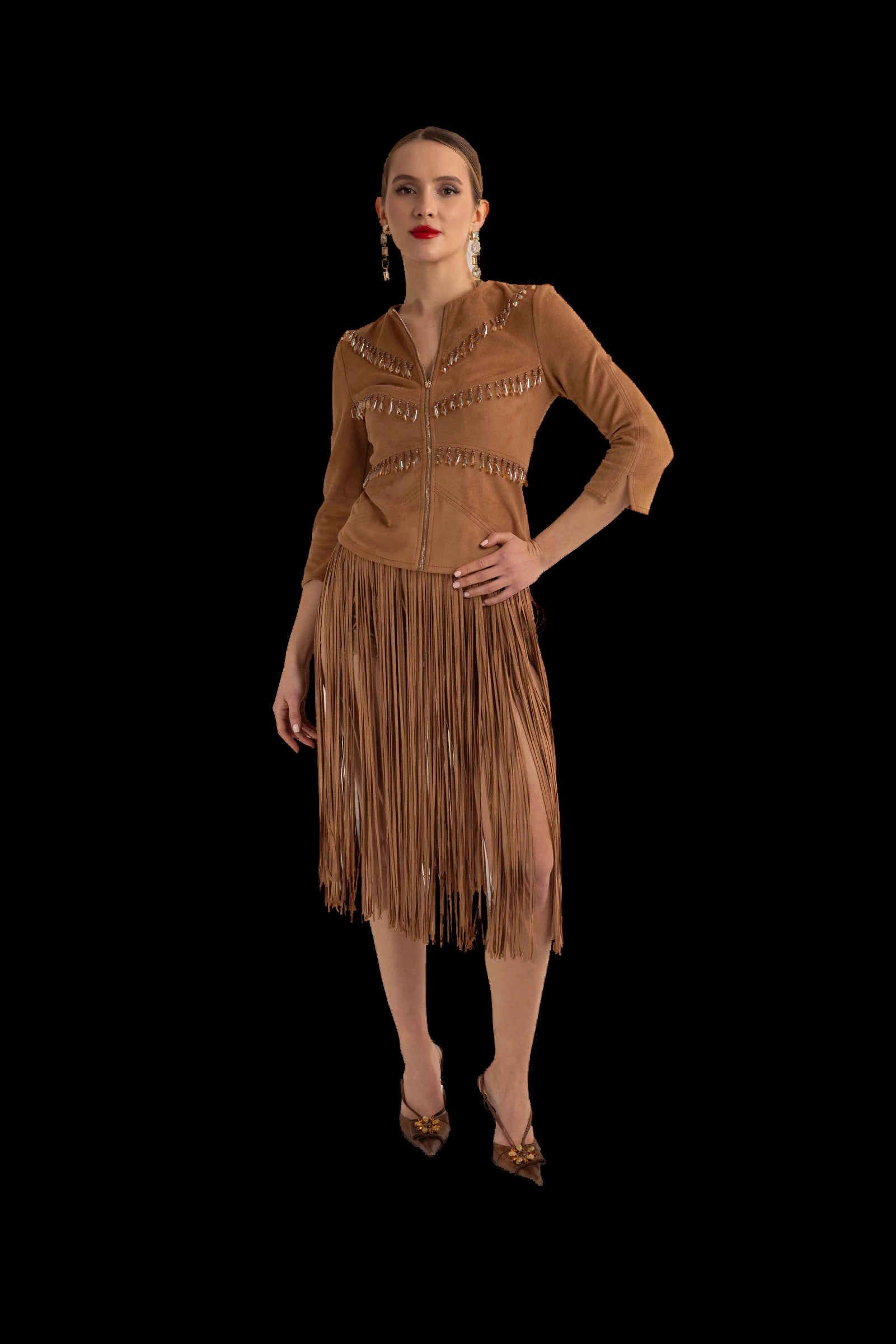 Tan suede fringed jacket and fringed skirt, front view