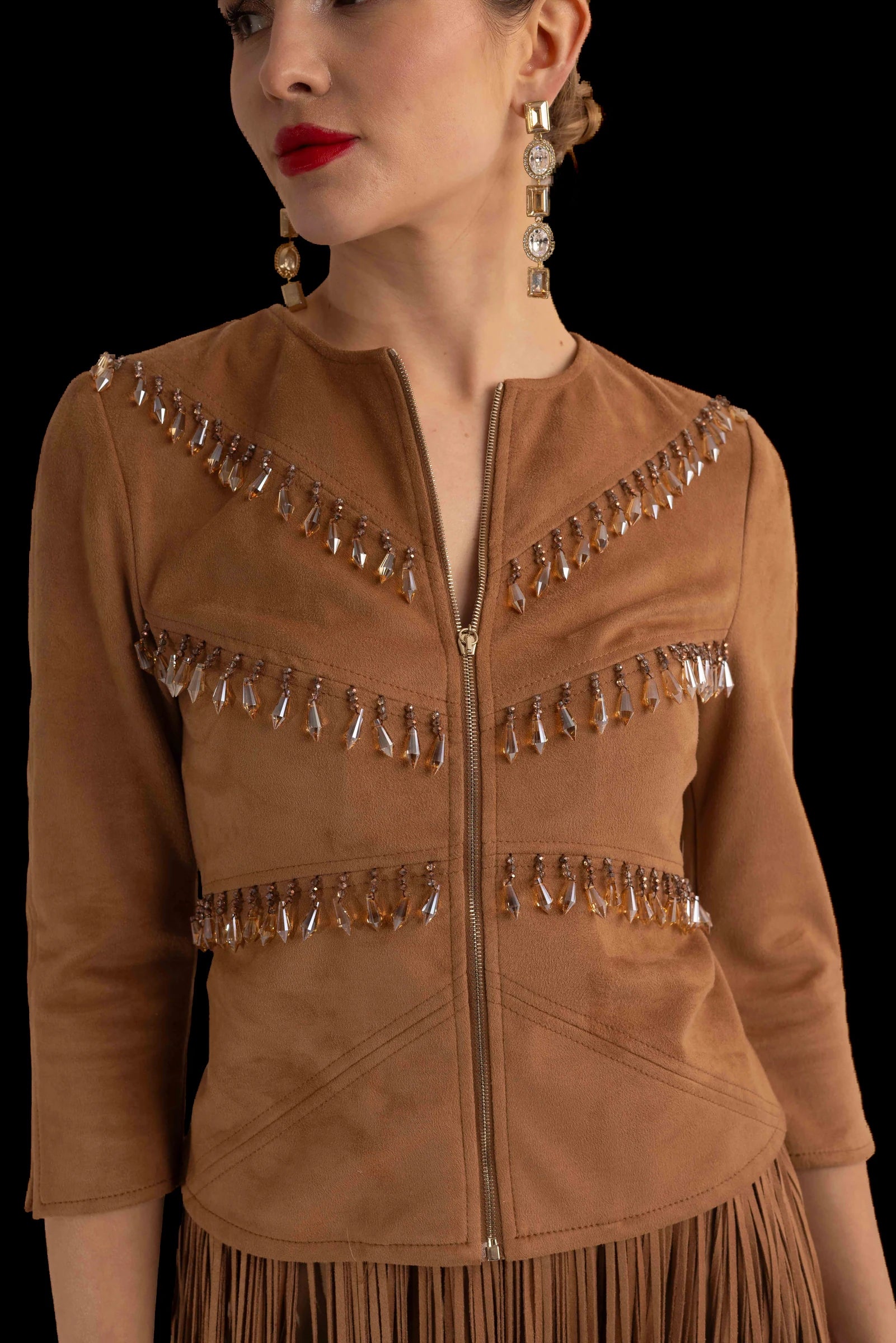 Tan suede fringed jacket and fringed skirt, jacket seam and metal drop detail