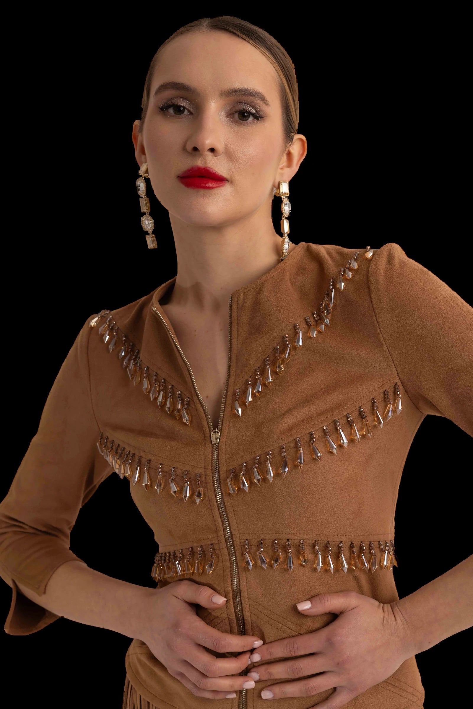 Tan suede fringed jacket and fringed skirt, jacket detail