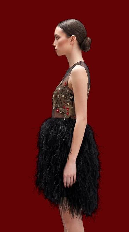 A short black dress with a feathered skirt and a sheer bodice embroidered in gold.