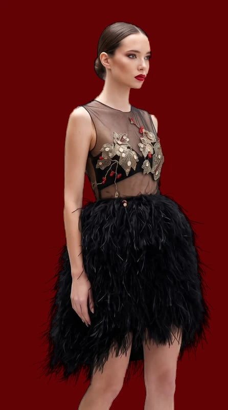 A short black dress with a feathered skirt and a sheer bodice embroidered in gold.