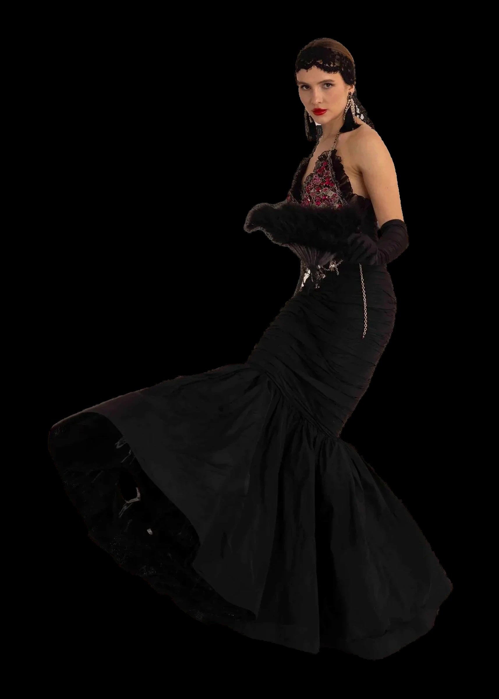Black silk mermaid gown with crystal and fuchsia jewelled halter bodice, full view, skirt swept