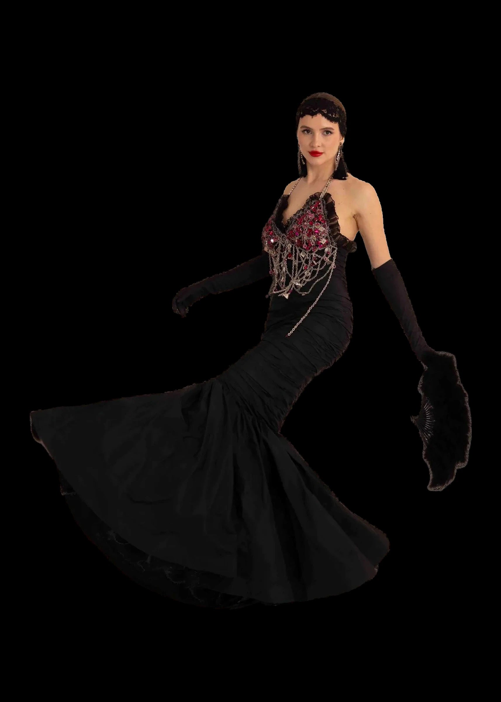 Black silk mermaid gown with crystal and fuchsia jewelled halter bodice, full view with feather fan